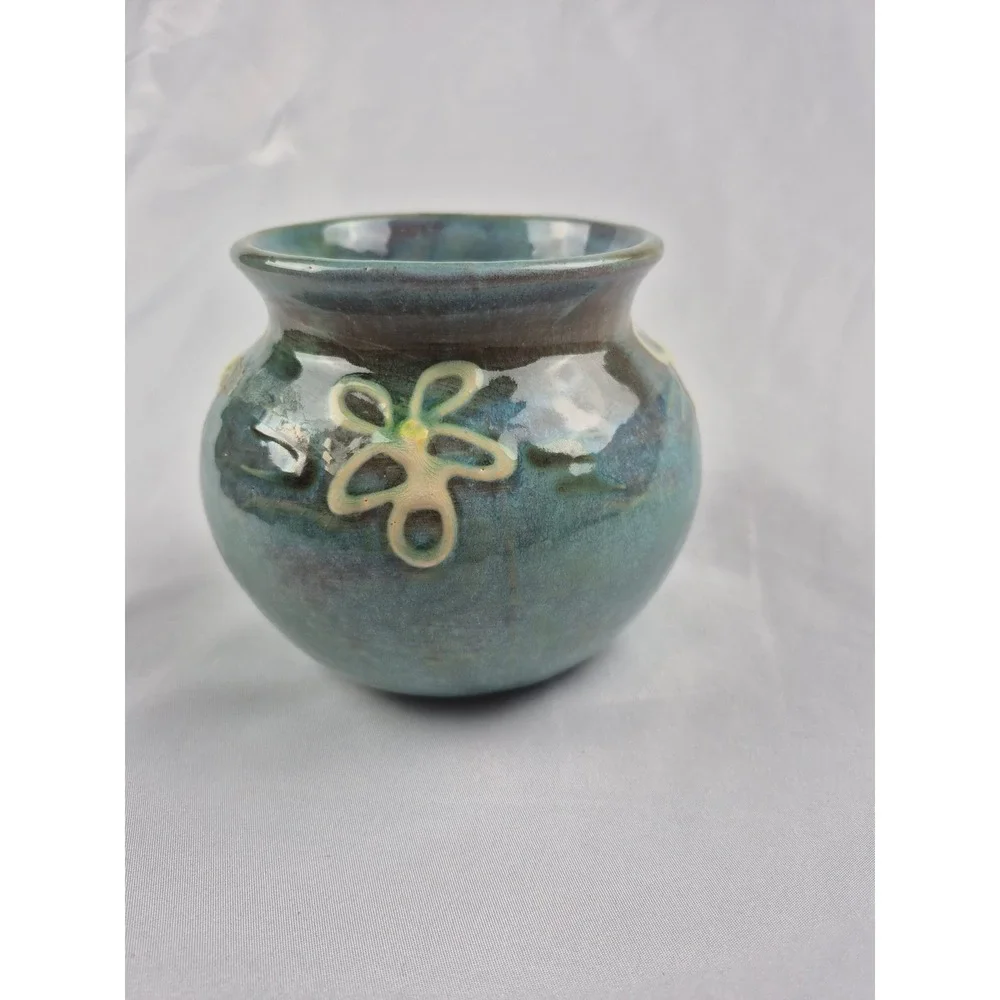 Vintage Studio Art Pottery Bud Vase Handmade Ceramic Teal Blue Floral Signed